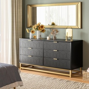 Dresser Modern Black Geometric Relief, Gold Metal Base