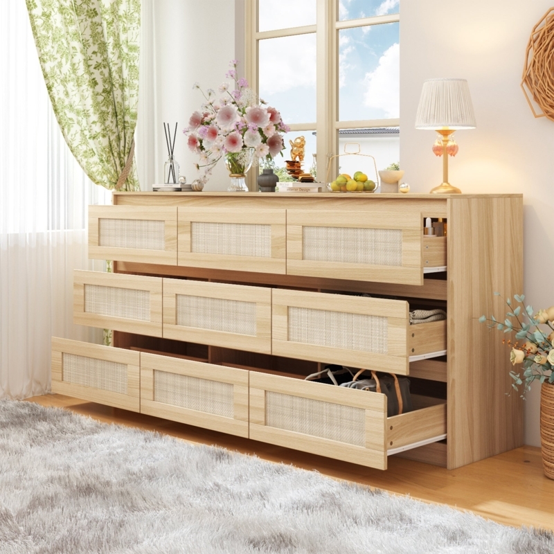 Dresser: Modern Country, Nine Drawers, Woven Panels