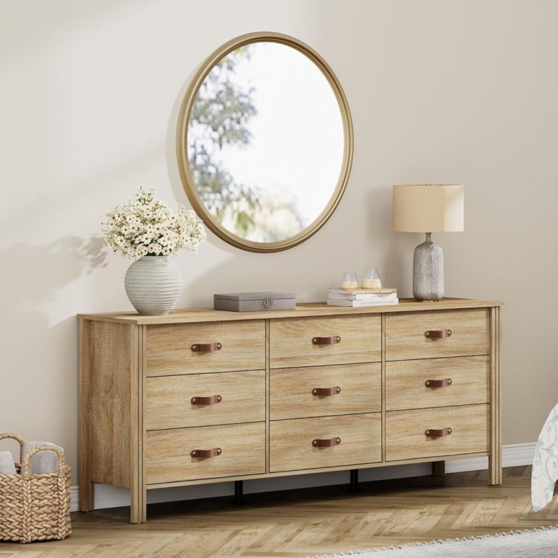 Dresser Modern Farmhouse Light Oak 9-Drawer with Leather Pulls