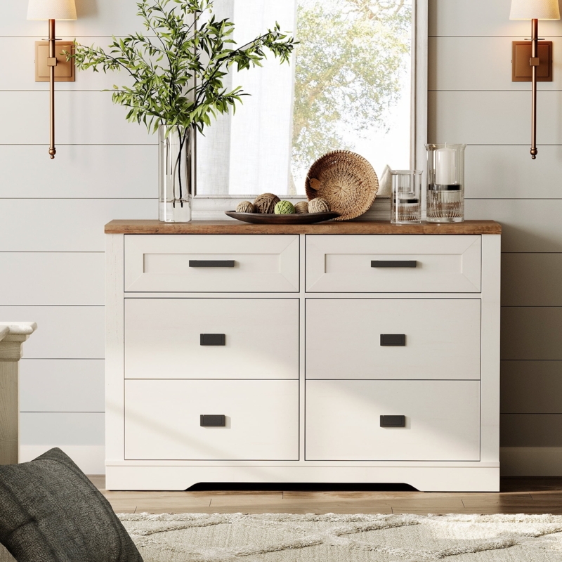 Dresser Modern Farmhouse Off White Wood Top Black Pulls
