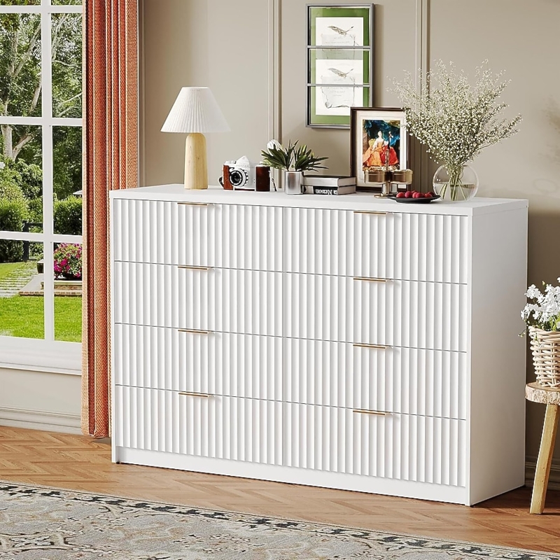 Dresser Modern Fluted Front, Eight Drawers, Gold Toned Pulls