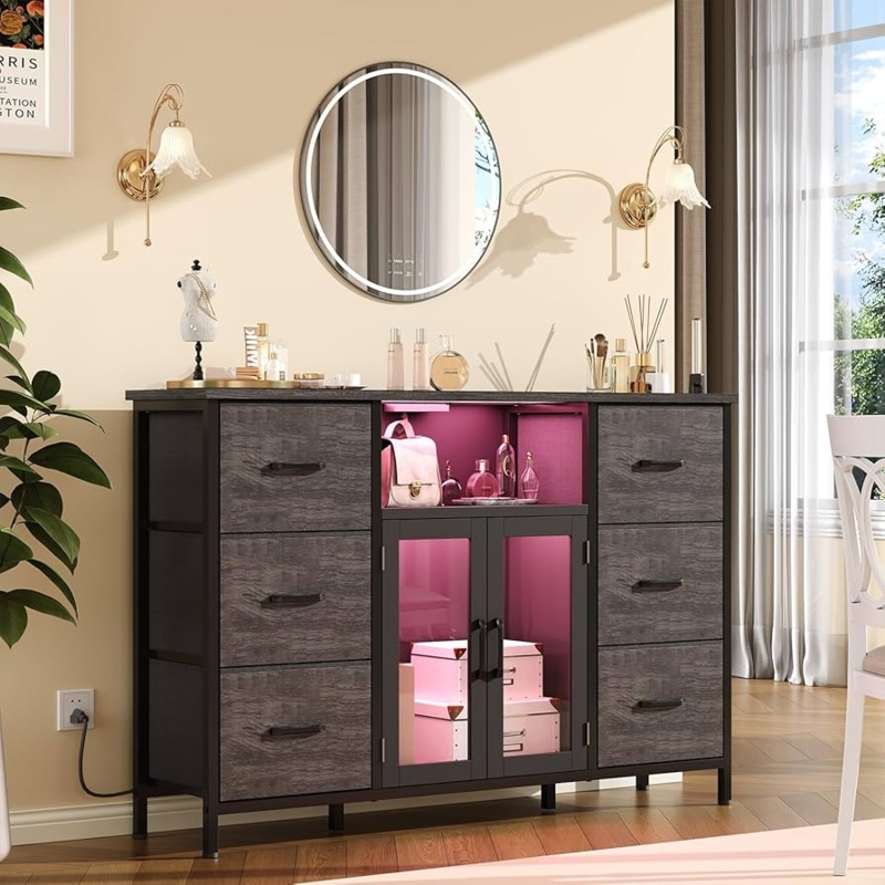 Dresser Modern Glam Grey Fabric Pink LED Glass Display Cabinet