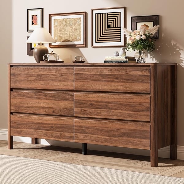 Dresser, Modern Minimalist Walnut Six Drawer with Center Leg