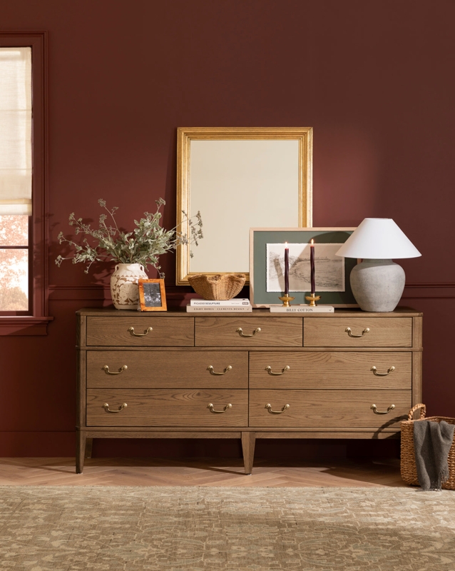 Dresser Moody Burgundy Styling Nine Drawer with Brass Bail Pulls