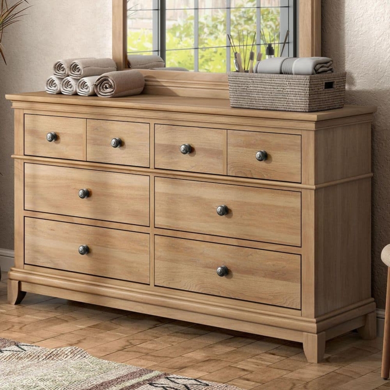 Dresser Natural Oak Finish Eight Drawer Light Wood Dresser Bracket Feet