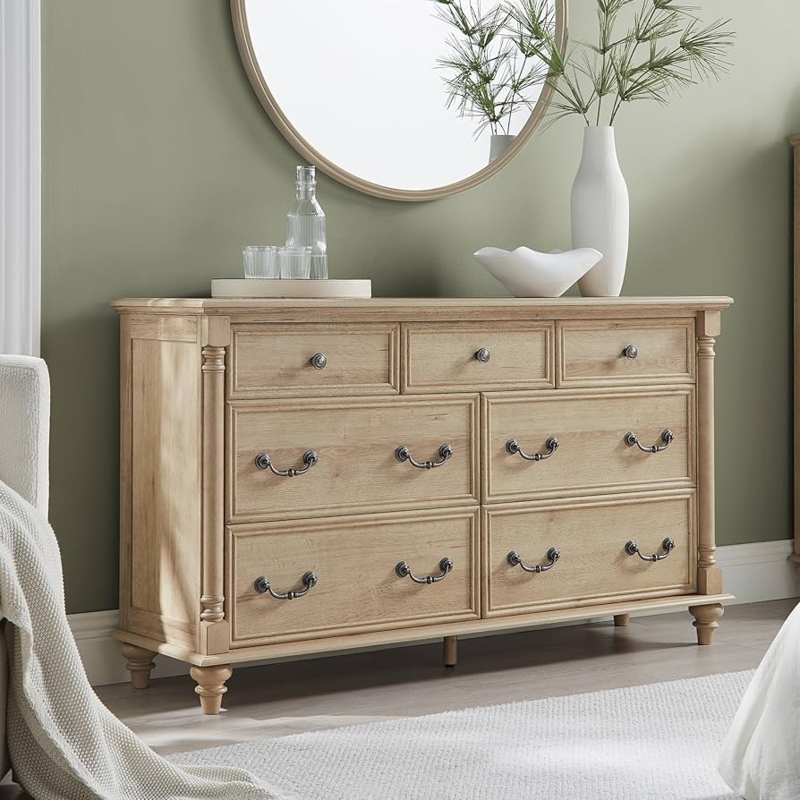 Dresser Natural Oak Finish Turned Bun Feet Bail Pulls 7 Drawers