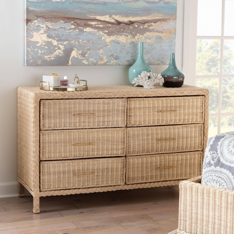 Dresser: Natural Wicker Weave, Braided Trim, Gold Bar Pulls.