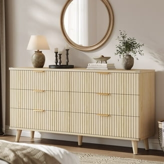 Dresser: Natural Wood 6-Drawer Chest with Fluted Fronts
