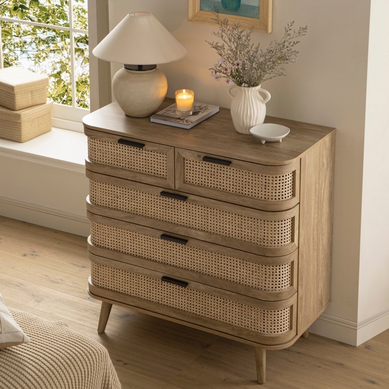 Dresser: Natural Wood, Curved Rattan Side Panels, Scandi Boho.