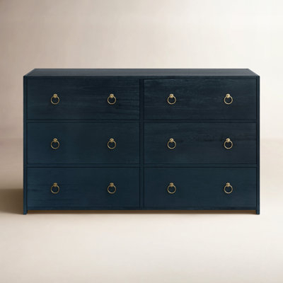 Dresser: Navy Blue, Double Gold Ring Pulls. Contemporary Wide Silhouette.