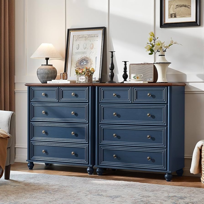 Dresser Navy Blue Finish Turned Bun Feet Wood Top Paneled Fronts