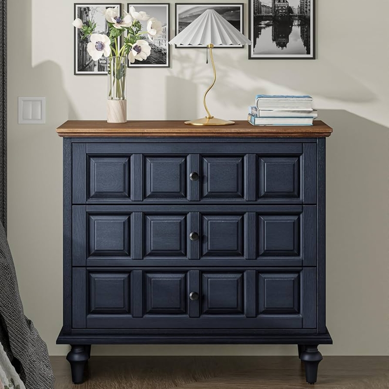 Dresser Navy Blue Grid Pattern Wood Top Transitional Chest
