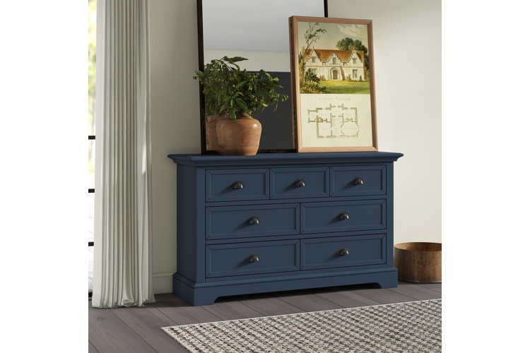 Dresser: Navy Blue, Seven Drawers, Cup Pulls. Traditional Farmhouse Style.
