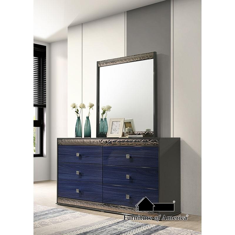 Dresser, Navy Blue Wood Grain with Textured Hammered Metal Trim