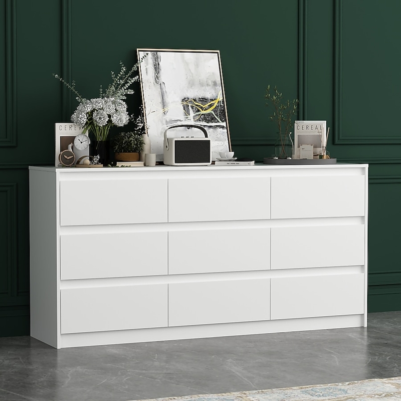 Dresser Nine Drawer Configuration Beveled Edges Sleek Storage