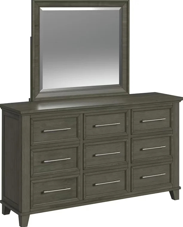 Dresser Nine Drawer Gray Wood Tone Attached Mirror Silver Bar Pulls