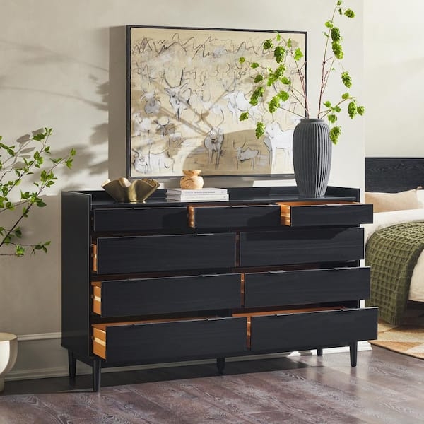 Dresser Nine Drawer Layout Tray Top Tapered Legs Wood Grain