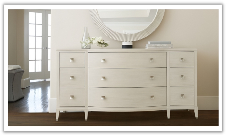 Dresser Nine Drawer Off-White Bowed Front Tapered Legs Square Knobs