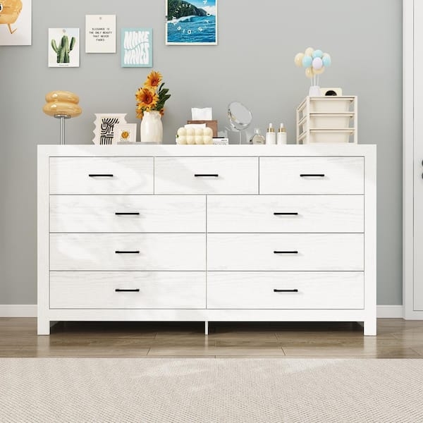 Dresser Nine-Drawer White Wood Grain Black Minimalist Hardware Chest