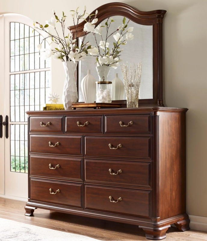 Dresser Nine-Drawer with Arched Mirror Traditional Dark Wood Bedroom