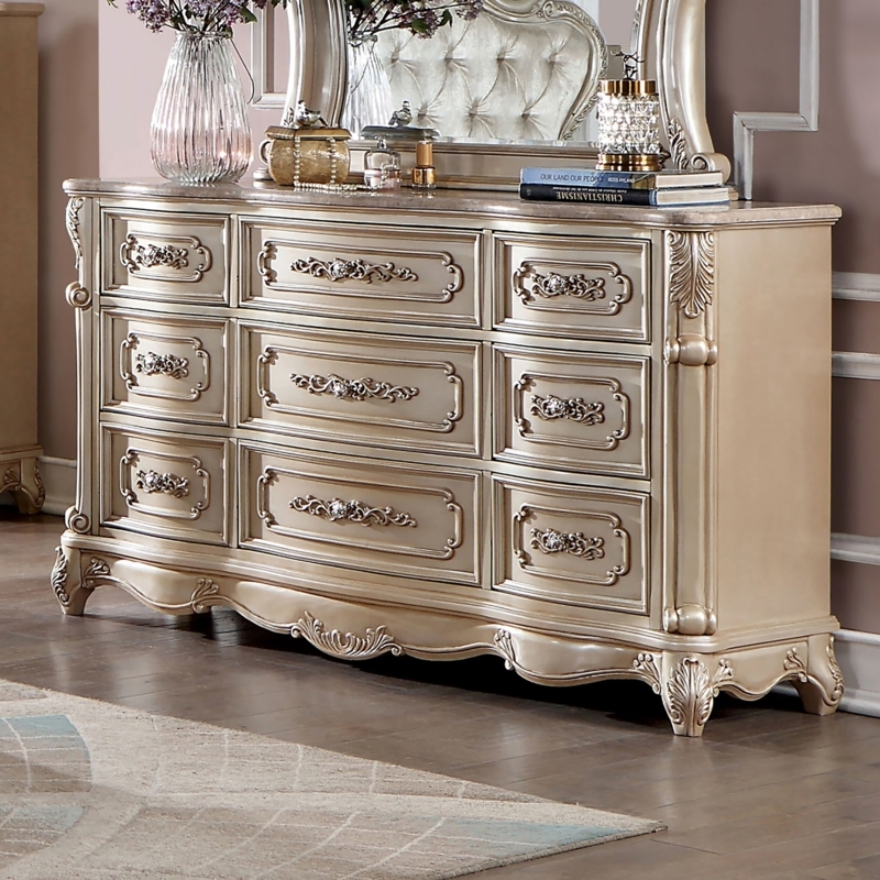 Dresser Nine Drawers Metallic Champagne Stone Top Victorian Ornate
