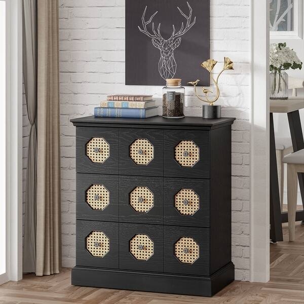 Dresser, Octagonal Rattan Inserts, Matte Black Finish, Woven Cane Panels