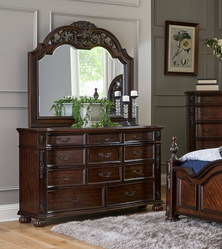 Dresser Ornate Scrollwork Eleven Drawers Cherry Arched Mirror Traditional