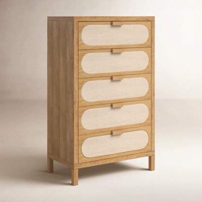 Dresser Oval Inset Panels Linen Look Drawers Narrow Light Wood Tallboy