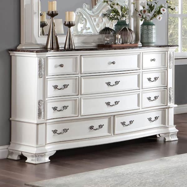 Dresser Pearl White Eleven Drawers Genuine Marble Top Ornate Pulls Glam