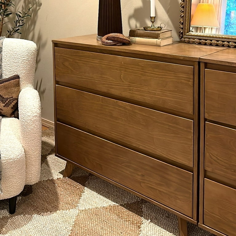 Dresser Pecan Finish Integrated Pulls Tapered Legs Mid Century Modern