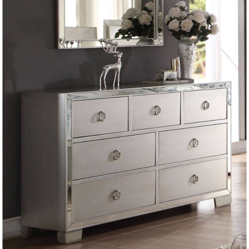 Dresser Platinum Silver Mirrored Trim Ring Pulls Seven Drawers