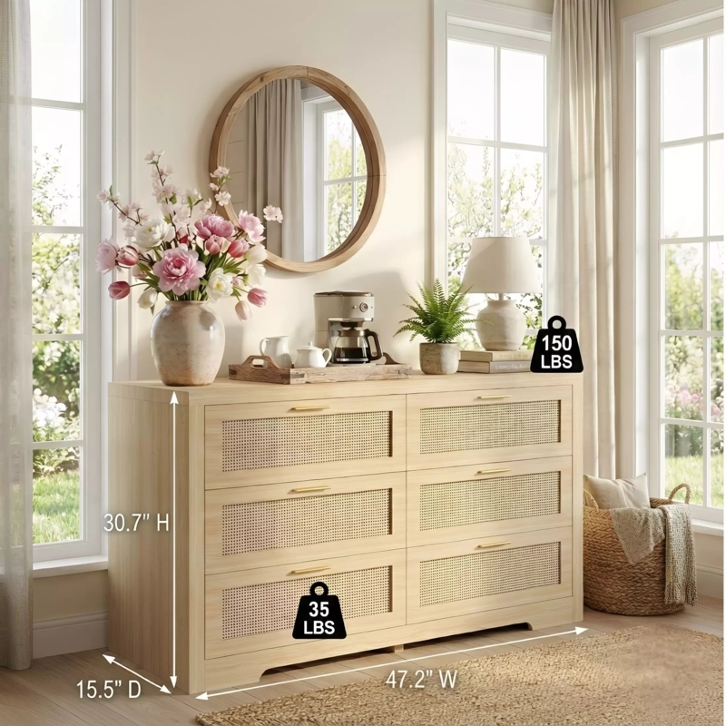 Dresser Rattan Drawer Fronts Horizontal Gold Pulls Curved Base Cutout Boho