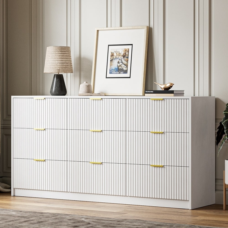 Dresser, Ribbed Surface, Nine Drawers, Gold Pulls, Modern Glam Style