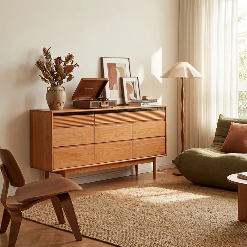Dresser Ribbed Top Panels Eight Drawers Tapered Legs Light Wood Natural
