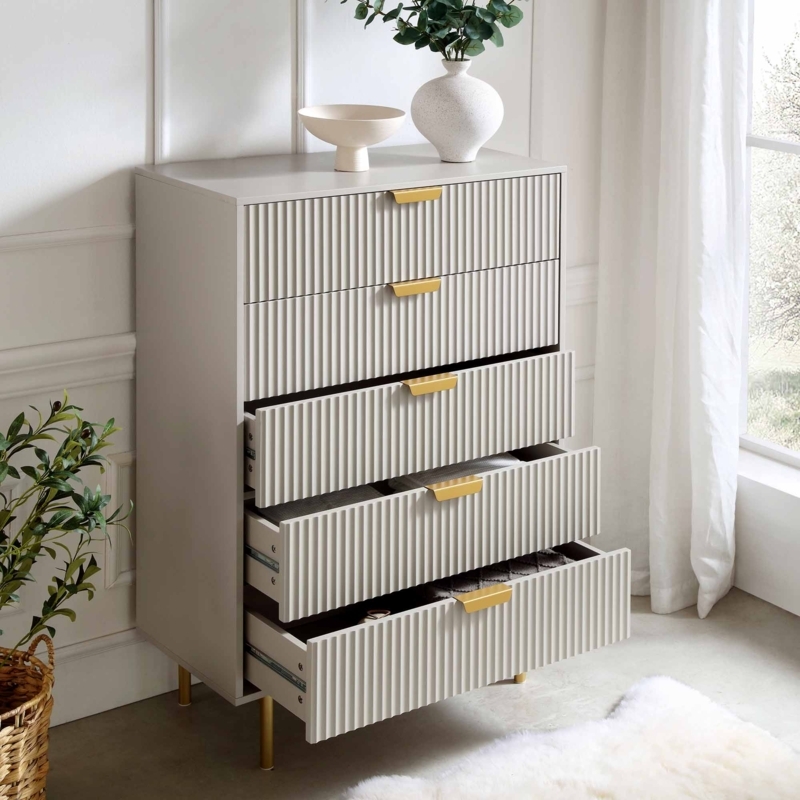 Dresser Ridged Front Surface, Matte Taupe with Gold Tab Pulls