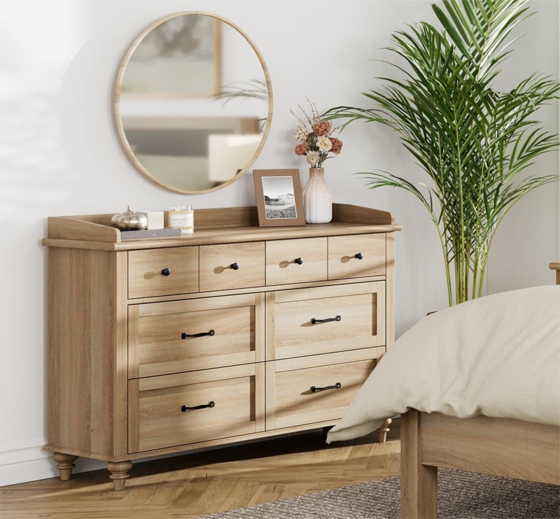 Dresser Rustic Eight Drawer Wide Chest with Bun Feet & Black Hardware
