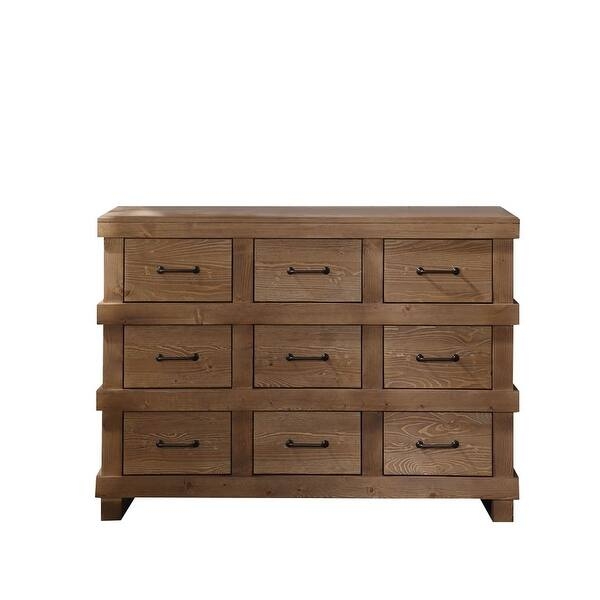 Dresser Rustic Nine Drawer Wood Toned Thick Frame Bar Pulls