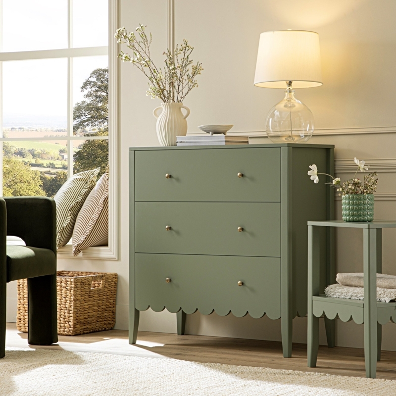Dresser Sage Green Finish Scalloped Edge Three Drawers Cottagecore