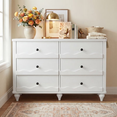 Dresser Scalloped Edge Bun Feet Six Drawers Whimsical Style