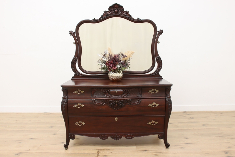 Dresser Serpentine Front Carved Mirror Crest Cabriole Legs Mahogany French