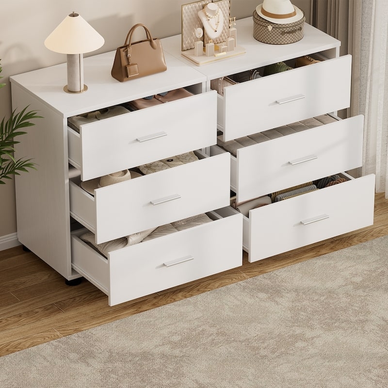 Dresser Set: White Side-By-Side Layout Three Drawers Silver Pulls