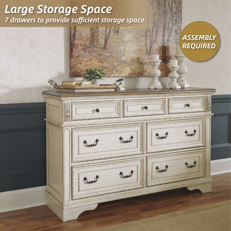 Dresser Seven-Drawer Distressed Off-White Two-Tone Bail Pulls Farmhouse