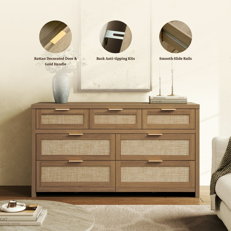 Dresser: Seven-Drawer Layout with Woven Rattan Panels & Gold Pulls