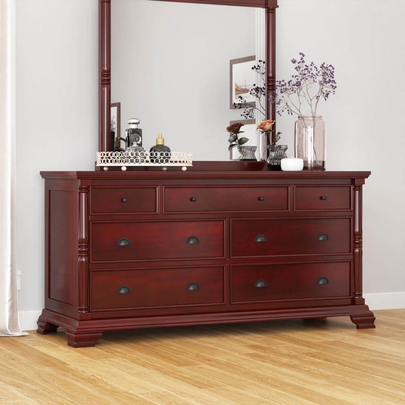 Dresser Seven Drawers Fluted Pilasters Matching Mirror Mahogany Finish