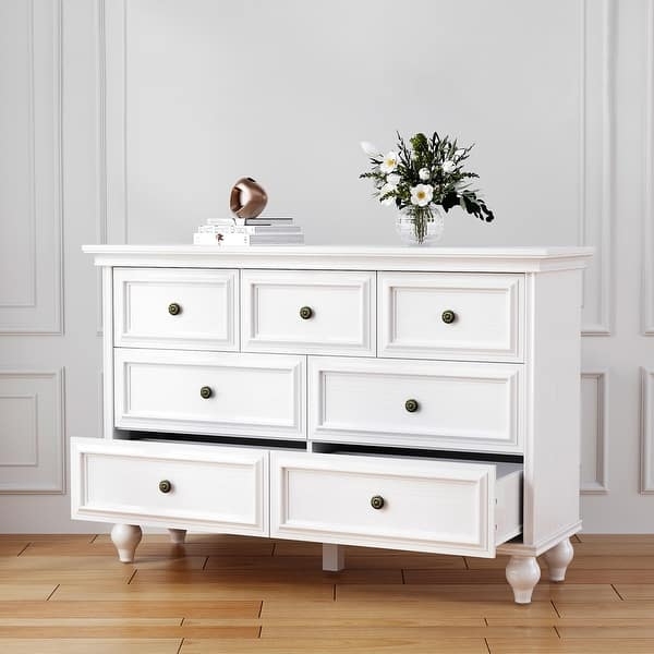 Dresser Seven Drawers White with Recessed Panels and Bun Feet
