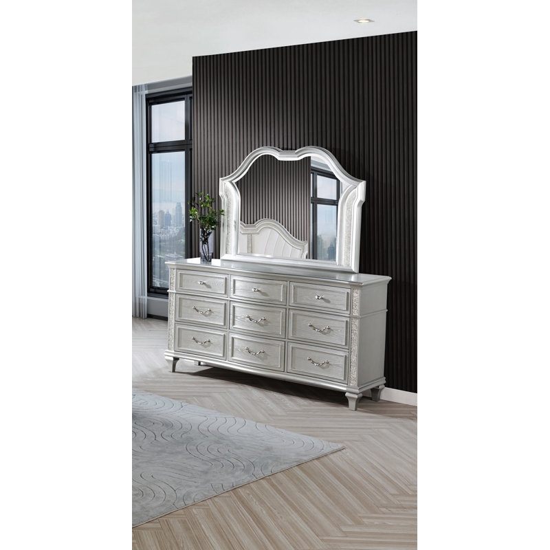 Dresser, Silver Glam with Glitter Inlay and Arched LED Mirror