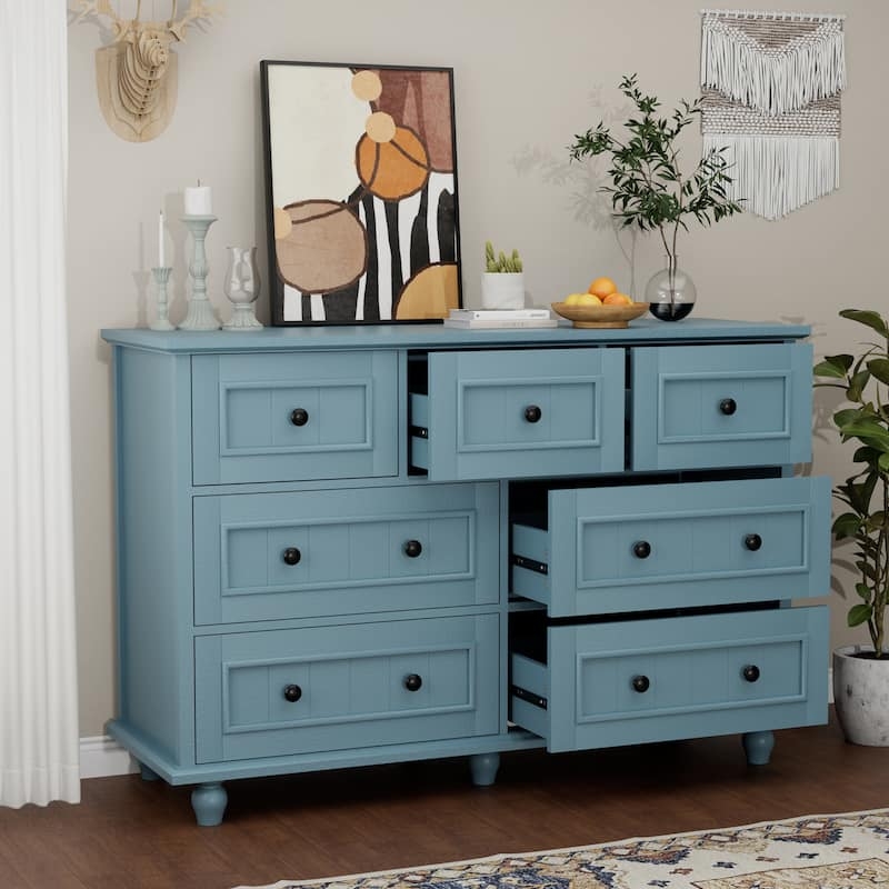 Dresser Slate Blue Seven Drawers Turned Bun Feet Farmhouse Chest