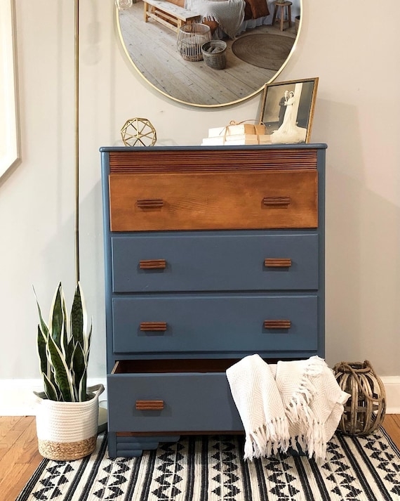 Dresser Slate Blue Two-Tone Ribbed Detailing Midcentury Modern
