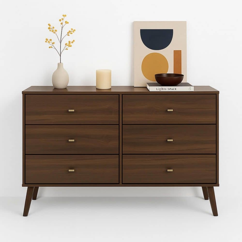 Dresser Splayed Legs Minimalist Gold Pulls Modern Cherry Wood Finish