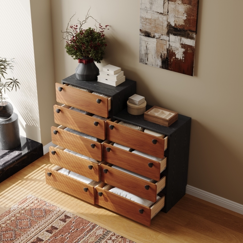 Dresser, Stepped Top Design, Two-Tone Charcoal and Walnut Finish